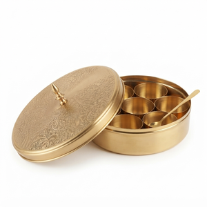 Brass High Quality Masala Dabba Spice Box with Hammered Design Lid Eco-Friendly Dishwasher Safe <b>Oven</b> Safe Seven Compartments - Product Image 1