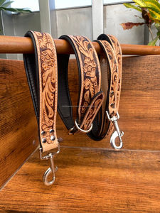 Personalized Pet Accessories Hand Tooled Leather Dog Collars Luxury Genuine Leather Pet Leash Cowhide Dog Training Traffic Lead - Product Image 6