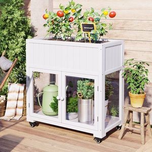 Compact 2-Door Mini Wood Cold Frame 35.4 X17.7 X37.4 Garden Greenhouse with Wheels for Indoor Outdoor Raised <b>Bed</b> <b>Liner</b> - Product Image 1