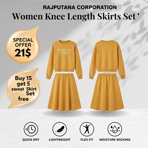 Women's Fleece Knee Length Skirts Set Casual 100% Cotton Mid Elastic Waist Printed Sweatshirt Long Sleeve Crew <b>Neck</b> Skirts Set - Product Image 1