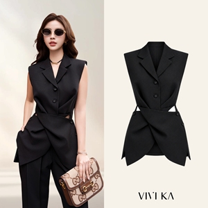 Chemisier de bureau structuré sans manches pour femme, style gilet peplum, avec revers cranté et taille découpée, noir CELESTINE - Product Image 1