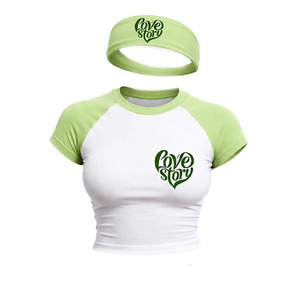 Custom Design Premium Green Colour Women 2 Piece Short Set Color Block <b>Raglan</b> Crop <b>Top</b> Foldover Waist Tracksuit Lounge Outfit - Product Image 3