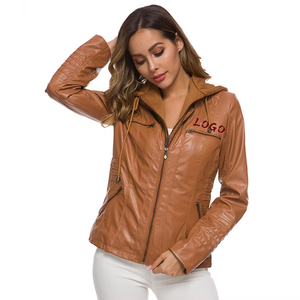 2026 Wholesale Premium Women's Brown PU <b>Leather</b> Hooded Moto <b>Jacket</b> Full Sleeve Zipper Closure Windproof Autumn Wear - Product Image 6