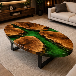Oval Shape Green Epoxy Wood Table Handmade Dining Room Luxury Furniture - Product Image 1