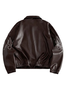 Blouson aviateur en cuir véritable pour homme, couleur personnalisée, logo, haute qualité, col rabattable, fermeture éclair, design flamme brodé - Product Image 2