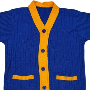 Sorority OEM High <b>Women's</b> Blue Knitted <b>Cardigan</b> With Yellow Contrast V-Neck Long Sleeve Casual Top <b>Button</b> Front Pocket Design - Product Image 4