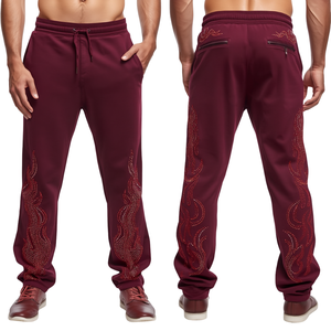 Premium Men's Stacked Rhinestone <b>Pants</b> Featuring Crimson Flame Crystal Artwork with Heavyweight Cotton and Contemporary Fashion - Product Image 4