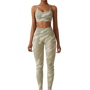 Camouflage Yoga <b>Set</b> Women 2 <b>Piece</b> High Waisted Seamless Sports Bra Leggings Full Length Racerback V Neck Spandex Polyester - Product Image 1