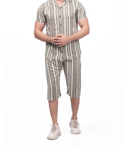 Striped Cotton Bamboo Fiber Short Sleeve Shirt <b>Pants</b> Set Turn-<b>Down</b> Collar Regular Fit Breathable Casual Spring Summer Unisex - Product Image 5