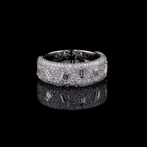 <b>Emerald</b> Cut Moissanite Sterling <b>Silver</b> Rhodium Plated Cluster Design Stackable Wedding Anniversary Gift Hip Hop Style Women <b>Ring</b> - Product Image 2
