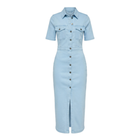 Robe Courte en Jean Bleu Clair à Col Rabattu et Boutons, Manches Longues, Coupe Fourreau Décontractée pour Femme, Couleur Unie, Respirante, Lavée, Idéale pour l'Été