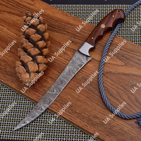 Couteau à filet en damas forgé à la main de qualité supérieure, lame à motifs durable et écologique, manche en bois de rose, ultra-affûté, étui en cuir