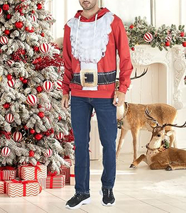 Men's <b>Red</b> Hooded Santa Claus Printed Hoodie Men <b>Red</b> White Fur <b>Belt</b> Design Casual Winter Sweatshirt Regular Fit Knitted Polyester - Product Image 5