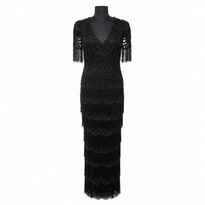 Luxury Black Beaded Evening Gown for Women Deep V Neck Fringe Sleeve <b>Sequin</b> Maxi Dress Elegant Formal Party Wedding Reception - Product Image 1