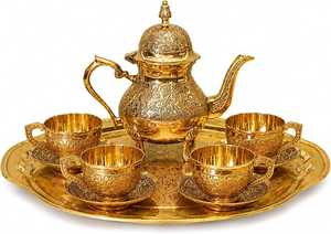 Luxury Brass <b>Tea</b> <b>Set</b> with Teapot, <b>Cups</b>, Saucers and Serving Tray – Traditional Indian Handcrafted Brass <b>Tea</b> & Coffee <b>Set</b> - Product Image 1