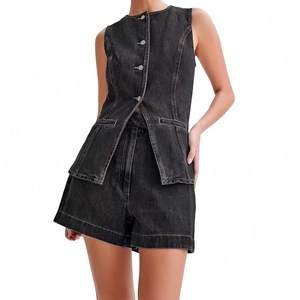 Women Two Piece Solid Denim Cotton Yoga Set Sleeveless <b>Top</b> Relaxed Fit Elastic Waist Shorts Eco-Friendly Quick Dry Summer Casual - Product Image 1