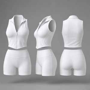 Women <b>2</b> <b>Piece</b> Sports Wear <b>Set</b> Sleeveless Zipper Top High Waist Shorts Solid <b>White</b> Activewear Fitness Outfit Sporty Style - Product Image 1
