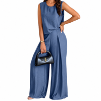 Combinaison sans manches pour femme en lin et polyester, col rond, jambe large, longueur genou, couleur unie, décontractée, printemps-été, anti-boulochage, longue et élégante