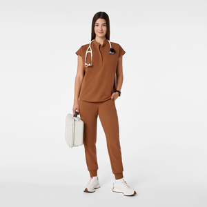 Conjunto de uniforme médico para mujer, color marrón, tejido de mezcla de algodón, pantalones con bolsillo para estetoscopio, para personal médico. - Product Image 1