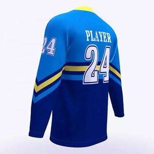 เสื้อฮอกกี้น้ำแข็งผู้ชายแบบกำหนดเอง สีน้ำเงินลายทางสีเหลือง แขนยาว ผ้าโพลีเอสเตอร์ดูดซับความชื้น ทรงปกติ ใส่ได้ทุกฤดู - Product Image 3