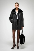 Manteau en peau de mouton noir pour femme, veste en cuir véritable, manteau d'hiver chaud doublé de fourrure