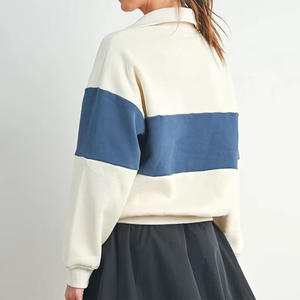 Women's Oversized Color Blocked <b>Zipper</b> Sweatshirt Long Sleeve Drop Shoulder Knitted 100% Cotton Autumn Wear Stand Collar - Product Image 2