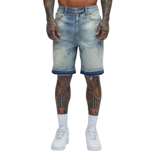 Shorts en jean bleu clair pour homme 100 % coton, cinq poches, coupe droite, décontracté, longueur genou, ourlet brut, effet éclaboussures, séchage rapide - Product Image 1