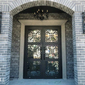 Puerta de Hierro Forjado Estilo Francés, Marco de Acero, Panel de Vidrio Decorativo, Superficie Acabada, para Hotel, Villa, Escuela, Construcción, 3 Años de Garantía - Product Image 1