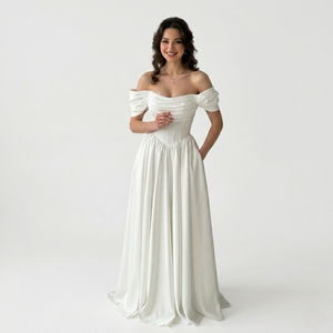 Custom Women V-neck Corset Wedding Dress <b>White</b> A-Line Bridal Gown Floor Length Satin with Lace-Up Back and Pockets Modern - Product Image 1