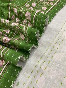 New Beautiful Green Floral Hand Block Print Kantha <b>Quilt</b> <b>Indian</b> Palm Tree Cotton Handmade Eco-Friendly All-Season Hotel Wedding - Product Image 1