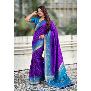 Elite Weaves <b>Purple</b> Soft Silk Zari Woven Patola <b>Saree</b> with Contrast Bandhani Weaves Elegant Evening Wear - Product Image 3