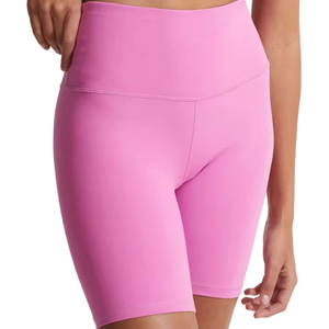 Shorts taille haute pour femme en polyester/spandex, couleur unie, coupe ajustée, avec deux poches latérales, idéal pour l'entraînement sportif – Nouvelle collection en promotion - Product Image 4