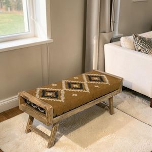 Banc ottoman traditionnel fait main en jute Kilim avec pieds en bois, rembourré style bohème, repose-pieds fixe multicolore, ottoman d'appartement écologique - Product Image 5