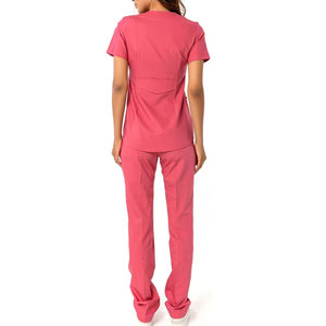 Conjunto de Uniforme Médico Unisex Rosa, Top de Manga Corta con Cuello en V y Bolsillos, Pantalones Rectos, Uniformes de Hospital, Mezcla de Algodón y Poliéster Tejido, Personalizable - Product Image 2