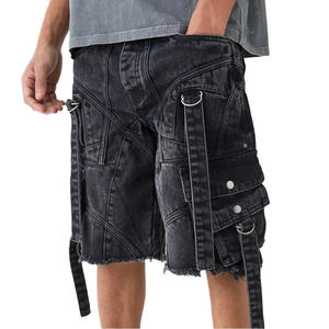 Shorts de mezclilla cargo con lavado ácido y múltiples bolsillos para hombre, estilo urbano, con dobladillo sin rematar y detalles de tirantes ajustables, venta al por mayor OEM B2B - Product Image 2