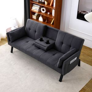 70-Inch Multi-Functional Cotton Linen <b>Sofa</b> <b>Bed</b> with <b>Foldable</b> Design Cup Holder Side Storage for Instant Living Room Switch - Product Image 4
