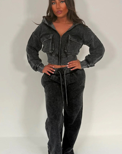 Conjunto de Sudadera con Capucha y Pantalones de Punto de Manga Larga para Mujer, de Algodón Lavado, Color Liso, Ajuste Holgado, Venta Caliente 2026 - Product Image 4