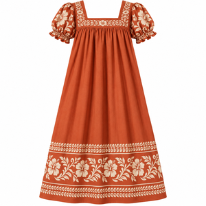 Robe Mumu personnalisée, écologique, lavable, infroissable, respirante, à manches courtes bouffantes, imprimé polynésien uni, avec col et taille naturelle - Product Image 5