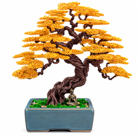 Pohon Bonsai Logam Buatan Tangan Daun Merah Pot Porselen Persegi Panjang Biru Patung Buddha Dekorasi Dalam Ruangan