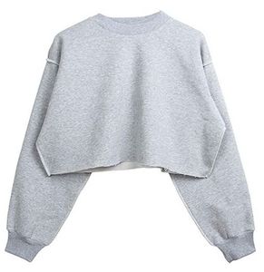 Oversized Crop Crew Neck Sweatshirt Lantern Sleeve Solid Color Knitted 100% Cotton Unisex <b>Pullover</b> Autumn Style - Product Image 2