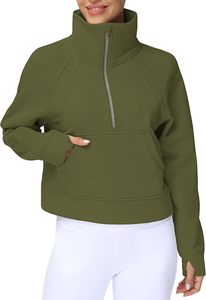 Women's' Half <b>Zip</b> Pullover Fleece Stand Collar <b>Crop</b> Sweatshirt with Pockets Thumb Hole Unlined Polyester/Cotton Blend Knitted - Product Image 2