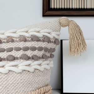 20 x 20 Inches Beige Cotton & Wool Tassel Cushion <b>Cover</b> Boho Decorative Square <b>Throw</b> Pillow for Sofa & <b>Bed</b> - Product Image 4