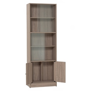 Wood Grain Bookcase Storage Cabinet Floor <b>Standing</b> Display Bookshelf with Glass <b>Doors</b> and Closed Cupboards - Product Image 2