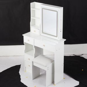29.2\" Small-Sized Left Drawer Desktop <b>Vanity</b> <b>Table</b> Cushioned Stool Large Sliding Touch Control Tri-Color Kids' Furniture Set - Product Image 4