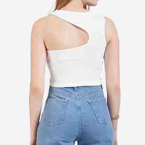 Wholesale Custom Made Women's Asymmetric Halter <b>One</b> Shoulder Cut-Out Knitted Crop <b>Top</b> Solid White Breathable Women Crop Tank <b>Top</b> - Product Image 2
