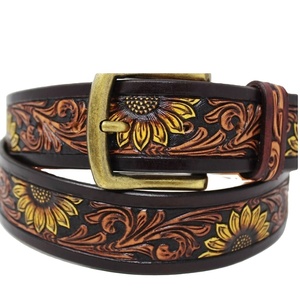 Último diseño Cow Boy Western 100% Cinturón de cuero de vaca americano con trabajo tallado a mano Fabricante Proveedor y mayorista - Product Image 1
