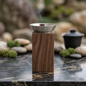 Premium Wooden Incense Burner Featuring Tall Rectangular Block Stand And Sleek <b>Brushed</b> Silver-Tone Top Bowl For Home Fragrance - Product Image 3