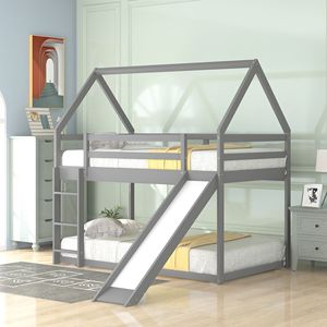 Letto a Castello Grigio per Bambini con Scivolo e Scala, Dimensione Twin - Product Image 1