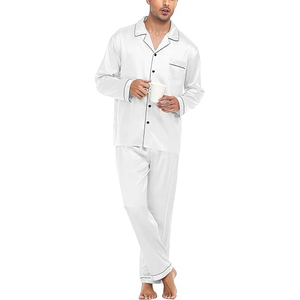 <b>Men's</b> White Silk Satin <b>Pajama</b> <b>Set</b> Long Sleeve Solid Color Classical Style with Pocket Spring Sleepwear - Product Image 3