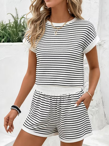 Women Striped 2 Piece Shorts Set Short Sleeve CrewNeck Tee With Pockets Loose Fit Casual Daily Wear Spring Summer Knitted Cotton - Product Image 4
